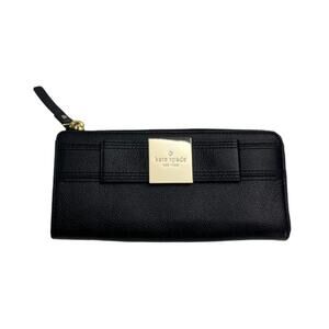 Kate Spade Primrose Hill Black Pebbled Leather Zip Wallet WLRU1507 Gold Logo